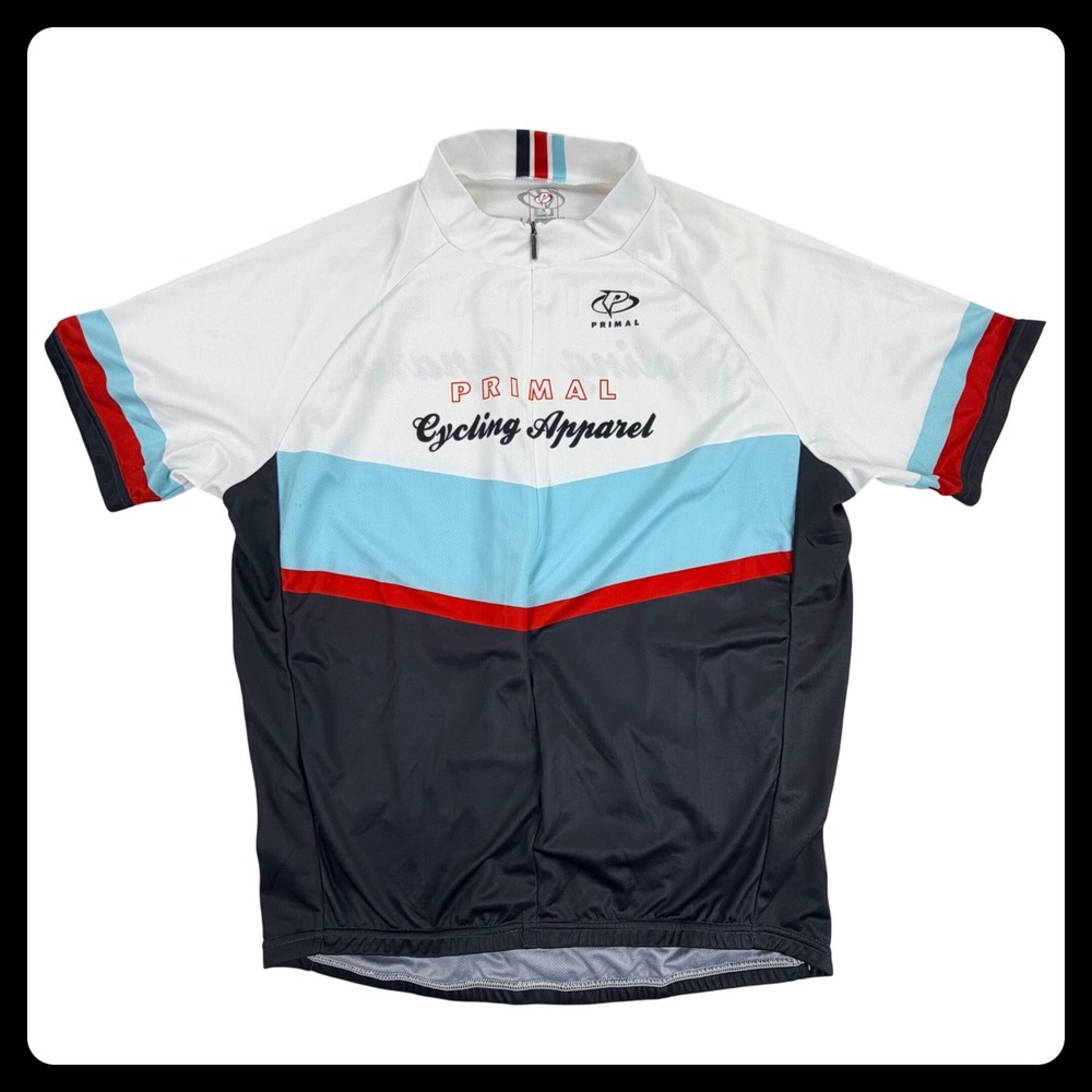 Primal Cycling Apparel Jersey Men XL White Blue Black 100% Polyester 1/4 Zip